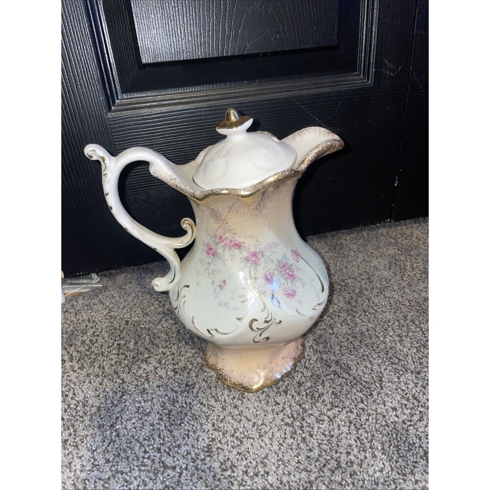 Antique Johann Haviland Verus Porcelain Chocolate Pot Hand Painted Roses Gold